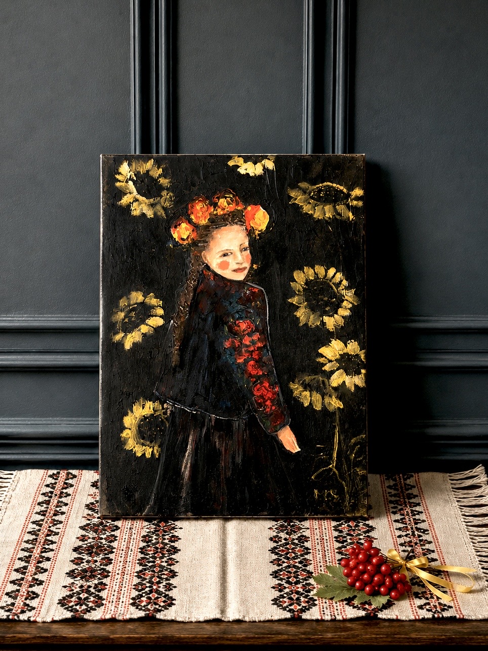 Sunflower Girl painting by Marina Stognieva displayed in a contemporary interior